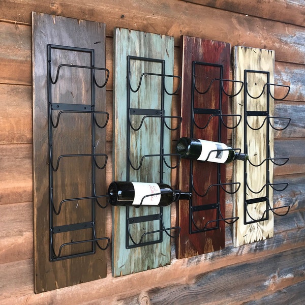 WINE RACK Wall Mounted Metal Wood 5 Bottle Holder Home Decor Distressed Sturdy Kitchen Bar Wine Bathroom Towels Man cave Rustic Red White