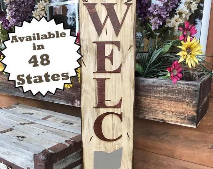 OHIO Sign Vertical Board, Indoor Outdoor, Farm Home Lake Welcome word, Rustic Distressed Wood *Antique Red White Blue Xl Large Wall OH