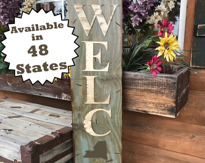 NEW YORK STATE Sign Vertical, Indoor Outdoor, Farm Home Lake Welcome word, Rustic Distressed Wood *Antique Red White Blue Xl Large Wall Ny