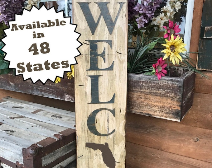 FLORIDA STATE Sign Vertical, Indoor / Outdoor, Farm Home Lake or Welcome, Rustic Distressed Wood *Antique Red White Blue Xl Large Wall FL