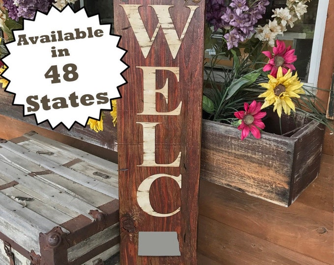 NORTH DAKOTA STATE Sign Vertical, Indoor Outdoor, Farm Home Lake or Welcome, Rustic Distressed Wood *Antique Red White Blue Xl Large Wall Nd