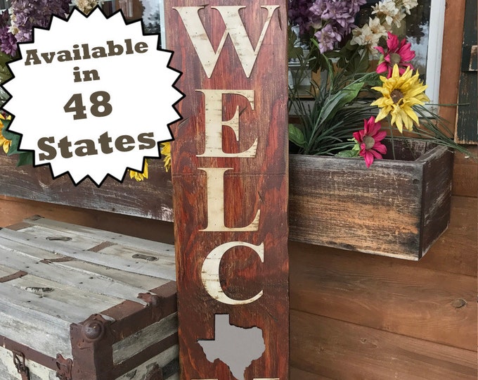 TEXAS STATE Sign Vertical, Indoor / Outdoor, Farm Home Lake or Welcome Word, Rustic Distressed Wood *Antique Red White Blue Xl Large Wall TX
