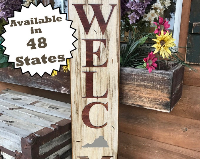 VIRGINIA Sign Vertical Board, Indoor Outdoor, Farm Home Lake Welcome, Rustic Distressed Wood *Antique Red White Blue Tall Xl Large Wall VA