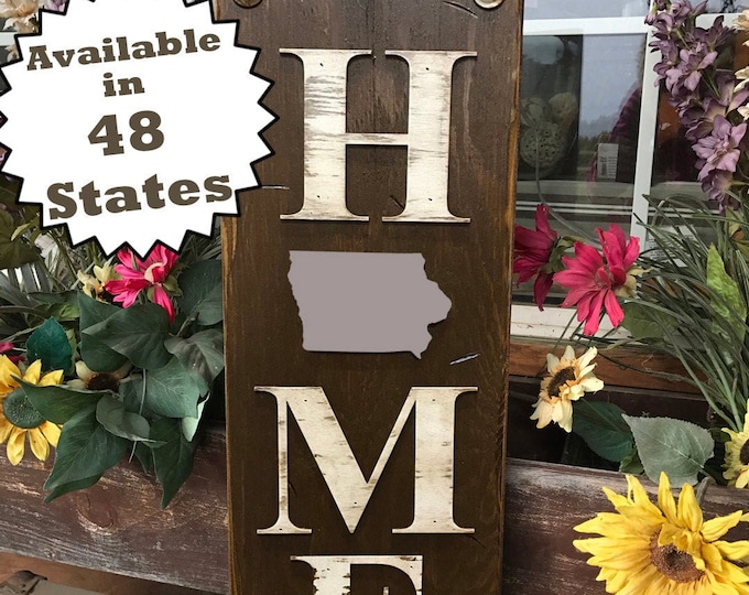 IOWA Sign Vertical Board, Indoor Outdoor, Farm Home Lake Welcome word, Rustic Distressed Wood *Antique Red White Blue Xl Large Wall IA