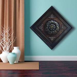 METAL Wall ART Wood Espresso Framed Metal Fleur de lis Gold Flower Floral Sign Rust Red Copper Golden 21&quot; Square Picture Plaque Unique SALE