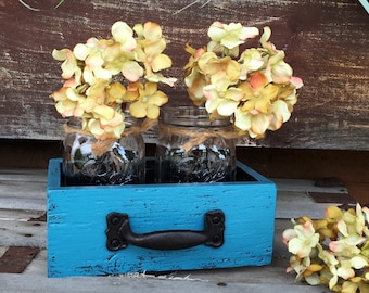 MASON Jar Centerpiece DRAWER Reclaimed Distressed Wood Mail Organizer Box Ball Canning 2 Jars Crate Caddy Storage Handle Blue White Red Teal