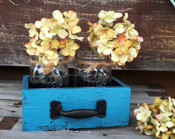 MASON Jar Centerpiece DRAWER Reclaimed Distressed Wood Mail Organizer Box Ball Canning 2 Jars Crate Caddy Storage Handle Blue White Red Teal