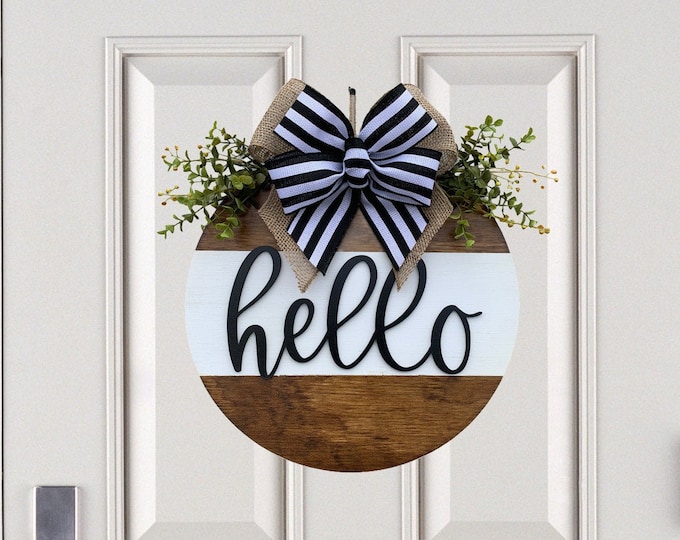 HELLO Sign for Front Door Hanger 16" Round with STRIPE, 3D Wood Wreath + Bow, Everyday Welcome Wall Sign, Fall Decor Sign, Housewarming Gift