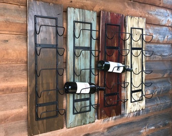 WINE RACK Wall Mounted Metal Wood 5 Bottle Holder Home Decor Distressed Sturdy Kitchen Bar Wine Bathroom Towels Man cave Rustic Red White