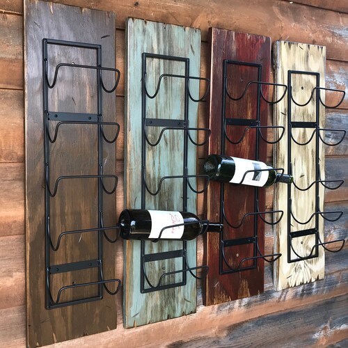 Rustic Chunky Industrial Wall Mounting Wine Rack Solid Wood Steel Bars Handmade 