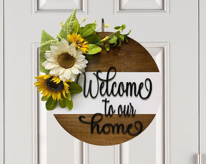 Welcome to our home Wreath, Housewarming 16" Round Door Sign SUNFLOWER Fall Decor Wall Hanging White Yellow, Hello, Housewarming Gift