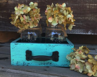 MASON Jar Centerpiece DRAWER with 2 Ball Jars Reclaimed Distressed Wood Mail Organizer Box Table Storage Handle Burgundy Blue White Red Teal