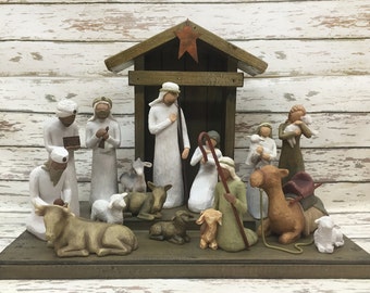 STABLE WOOD CRECHE fits Willow Tree Angels *Nativity Distressed Barn *Christmas Decor Stables *Baby Manger *Angel Stand *Burgundy Red Green