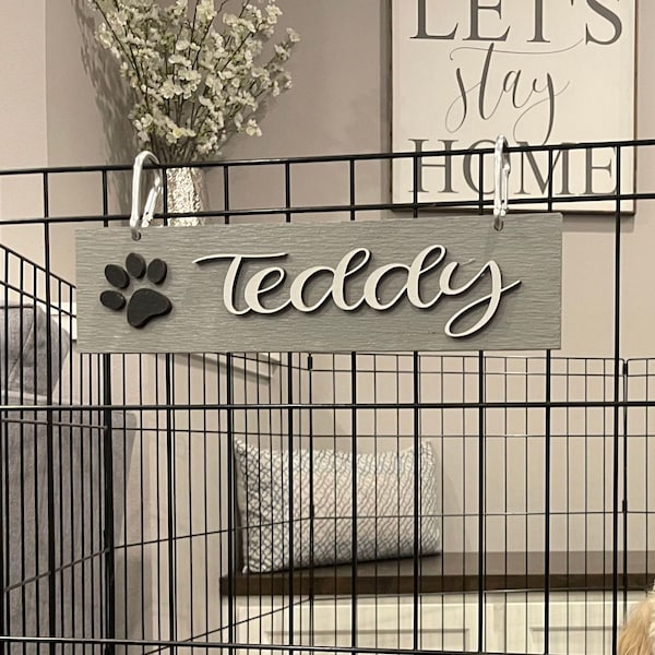 DOG Sign Kennel Custom Name Cat Puppy Kitten Bed 12x3 Wood Hanger Paw Personalize Gift Home