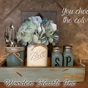 Kitchen Table Centerpiece Jar Set 5pc in Antique Wood TRAY, Mini Quilted, Pint Vase Flower, Salt & Pepper Shakers Mason Ball Jars Distressed