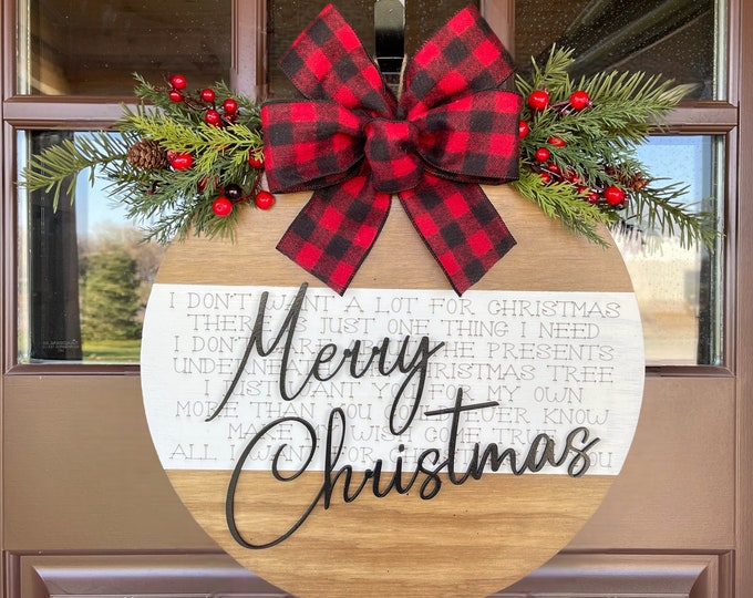 Merry Christmas Holiday Door Hanger[All I Want for Christmas Song Lyrics]Wreath Wood 16" Round Sign + Greenery[3D Wood Letters +Bow]