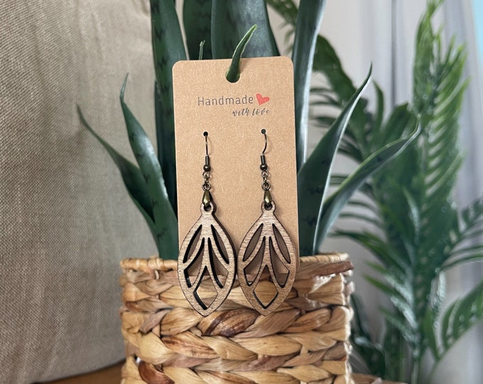 EARRINGS Natural Wood [Boho Hippie Elegant Trendy] Stainless steel/Antique Bronze Hypo-Allergenic Hooks [ Dangle Light weight] Holiday Gift