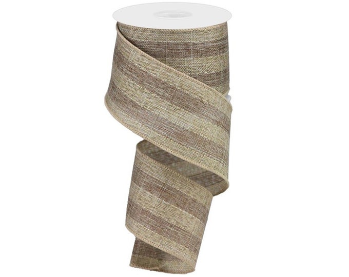 Burlap STRIPE Tan / Beige RIBBON roll Wired 2.5" wide X 10 Yards, Create bows, Brown, 1 ROLL, RGA177504