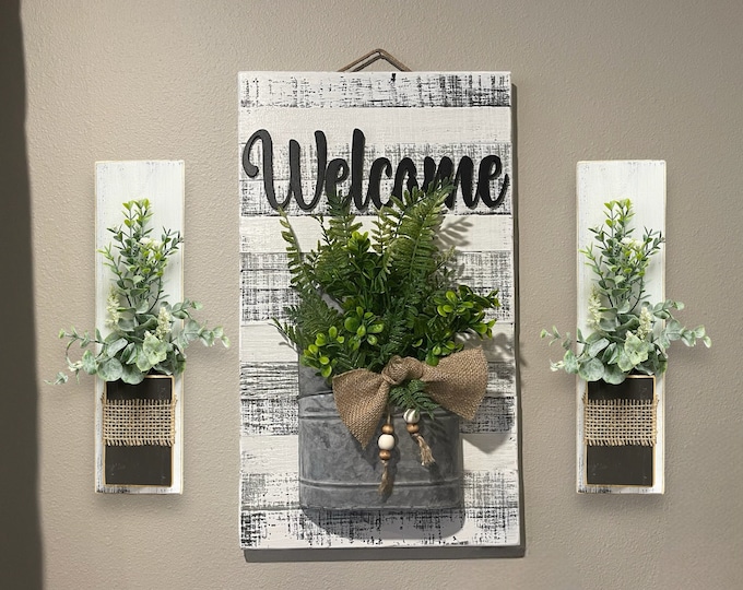 Wall Art Door Hanger Welcome Sign Metal Pocket Modern Farmhouse Decor Fern Greenery Burlap Wood Beads