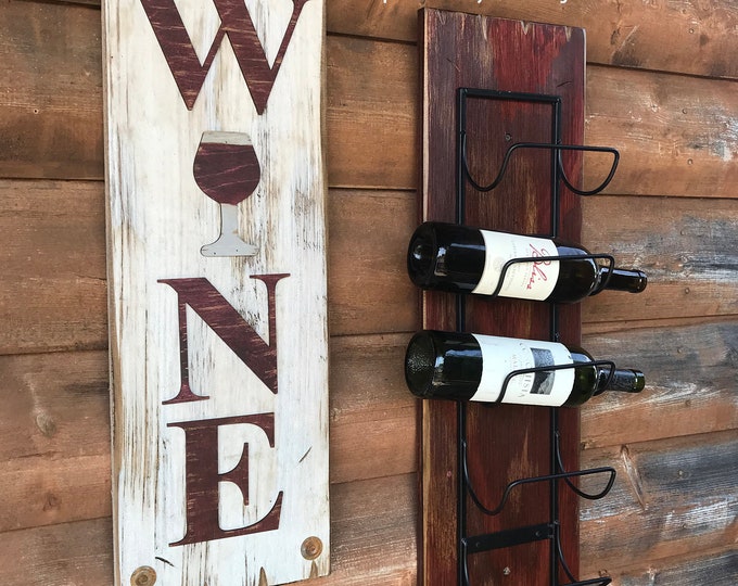 WINE with wine glass Sign, VERTICAL, Winery Bar Man Cave Decor, Rustic Word Distressed Wood *Antique Red & White, Xl Large Wall