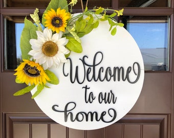 Welcome to our home Wreath, Housewarming 16" Round Door Sign SUNFLOWER Fall Decor Wall Hanging, Front Door Hanger, Housewarming Gift, Hello