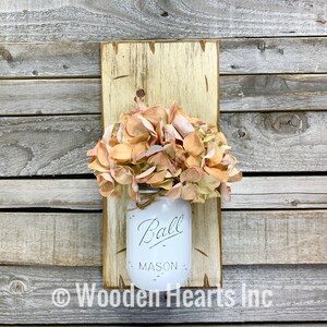 Mason JAR Wall SCONCE with Flower (optional) - Reclaimed Country Distressed Decor - Antique WHITE Off-white wood with painted Ball Pint Jar