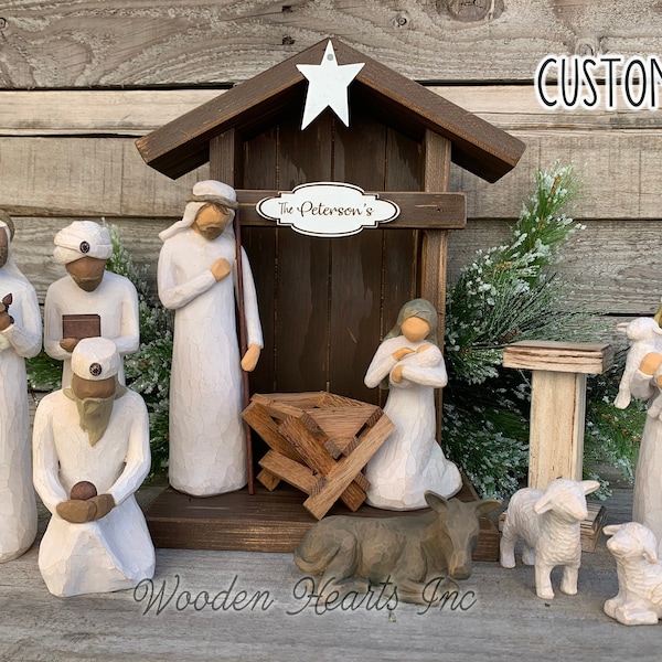 STABLE Nativity CRECHE Fits Willow Tree Fireplace MANTLE Wood *Lighted Christmas Personalized Baby Manger Angel Stand Lights White Brown