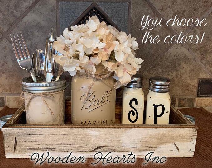 MASON Jar Kitchen 5pc SET in Antique Wood TRAY, Mini Quilted, Pint Vase with Flower, Salt & Pepper Shakers Ball Jars Distressed Centerpiece