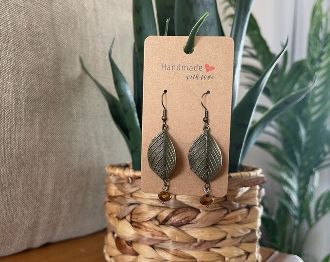 EARRINGS Metal Leaf Beads[Boho Hippie Trendy]Stainless steel/Antique Bronze Hypo-Allergenic Hooks[Dangle Light weight]Gift for Her