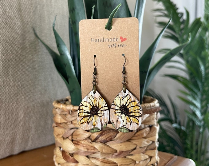 EARRINGS Natural Wood Daisy[Boho Hippie Elegant Trendy]Stainless steel/Antique Bronze Hypo-Allergenic Hooks[Dangle Light weight]Gift for her