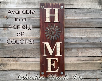 HOME Windmill Sign Vertical, Indoor Outdoor Farmhouse Welcome Decor, Rustic Distressed Wood *Antique Red White Brown Blue Tall Xl Large Wall