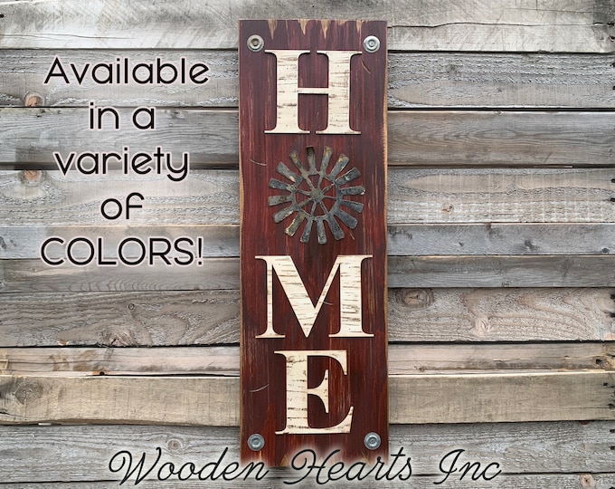 HOME Windmill Sign Vertical, Indoor Outdoor Farmhouse Welcome Decor, Rustic Distressed Wood *Antique Red White Brown Blue Tall Xl Large Wall