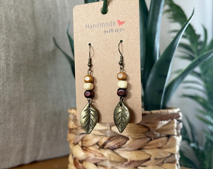 EARRINGS Metal Leaf & Wood Beads[Boho Hippie Trendy]Stainless steel/Antique Bronze Hypo-Allergenic Hooks[Dangle Light weight]Gift for her