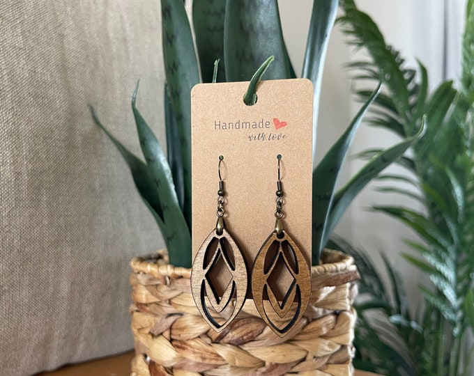 EARRINGS Natural Wood [Boho Hippie Elegant Trendy] Stainless steel/Antique Bronze Hypo-Allergenic Hooks [ Dangle Light weight] Holiday Gift