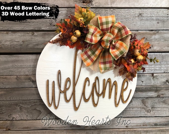 FALL Door hanger Wreath, WELCOME or Hello, Wood Round Sign 12" or 16" 3D Wood Lettering Bow, Fall Decor Sign, Leaves, White Orange
