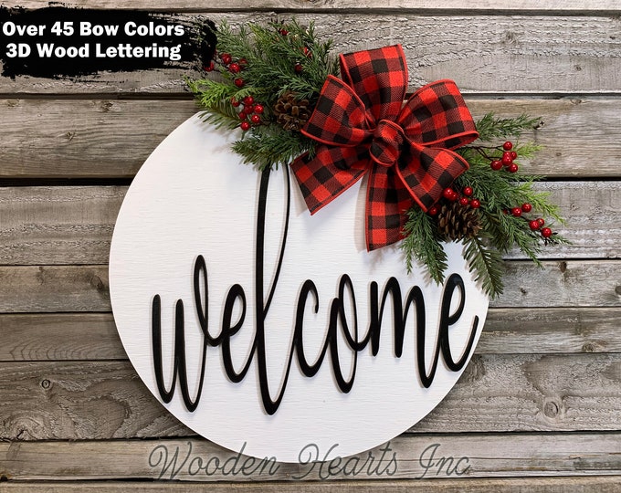 WELCOME Christmas Holiday Door Hanger, Wreath Wood Round Sign, Hello Sign, Merry Christmas, 12" or 16" 3D Wood Lettering + Bow, Xmas Gift