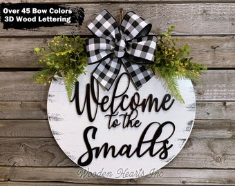 Personalized Door Hanger Welcome Wreath, 3D Wood Lettering, Custom Last Name + Bow Greenery, Decor Everyday 16" Round, Fall Sign, Fall Gift