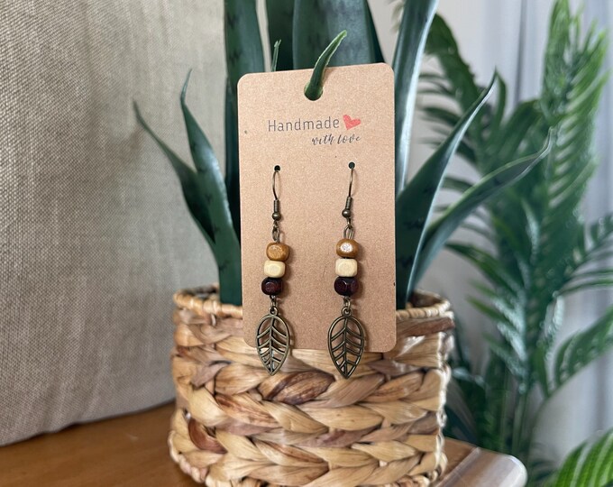 EARRINGS Metal Leaf & Wood Beads[Boho Hippie Trendy]Stainless steel/Antique Bronze Hypo-Allergenic Hooks[Dangle Light weight]Gift for her