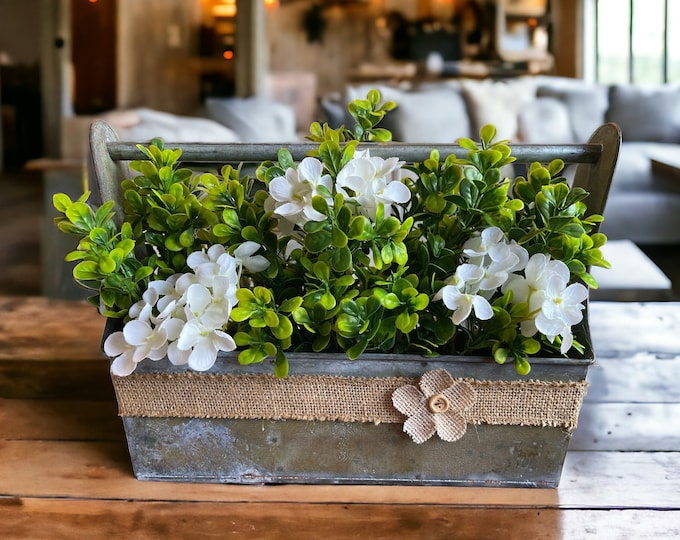 Metal Tray/Caddy Plant Floral Centerpiece, Boxwood Greenery Hydrangea, Farmhouse Style, Rustic Decor Table living Room Dining Kitchen