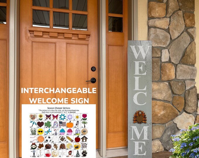 Interchangeable Welcome Sign 45", Large Vertical Porch Sign, Front Door, Seasonal Holiday, Housewarming Gift, Black, heart flower sun owl