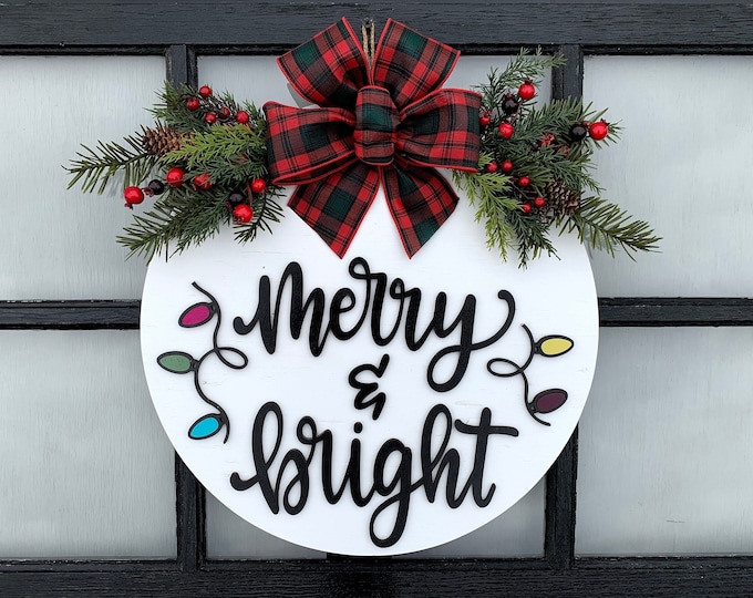 Merry and Bright Christmas Door Hanger, Christmas Lights Cutouts, Holiday Wreath, 16" Wood Round Sign, 3D Wood Lettering, Xmas Gift