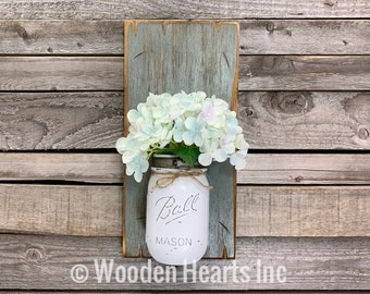 Mason JAR Wall SCONCE with Flower (optional) - Reclaimed Country Distressed Decor - Antique RIVER Rock Blue wood with painted Ball Pint Jar