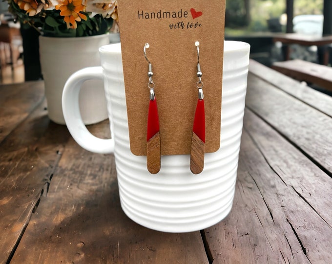 EARRINGS Natural Wood + Red Resin [Long Narrow] Stainless steel Hypo-Allergenic Hooks [ Hanging Dangle Boho] Light weight Wood Gift