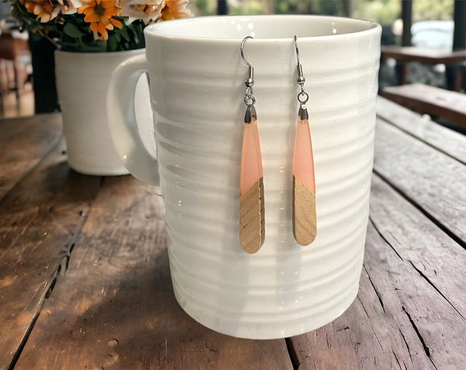 EARRINGS Natural Wood + Light Coral Resin [Long Narrow] Stainless steel Hypo-Allergenic Hooks [ Hanging Dangle Boho] Light weight Wood Gift
