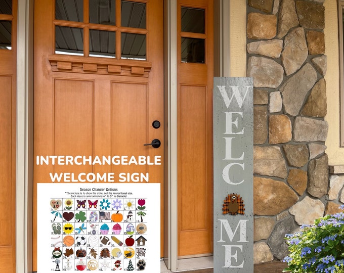 Interchangeable Welcome Sign 45", Large Vertical Porch Sign, Front Door, Seasonal Holiday, Housewarming Gift, Black, heart flower sun owl