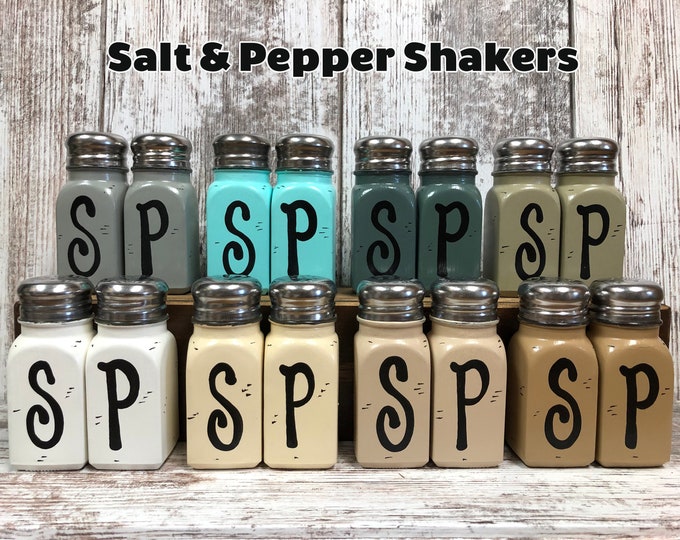 SALT and PEPPER SHAKER set of 2 with Stainless Steel Lids ~Hand Painted & Distressed ~Square Kitchen S P Shakers Gray White Blue Cream Brown