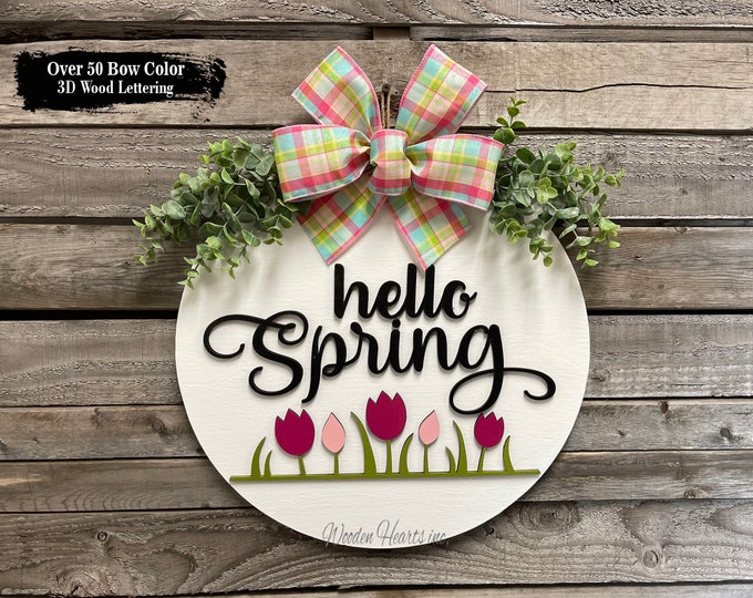 Hello Spring Door Hanger Wreath | Round Tulip Sign |  3D Wood Lettering | Mothers Day | Porch | Gift