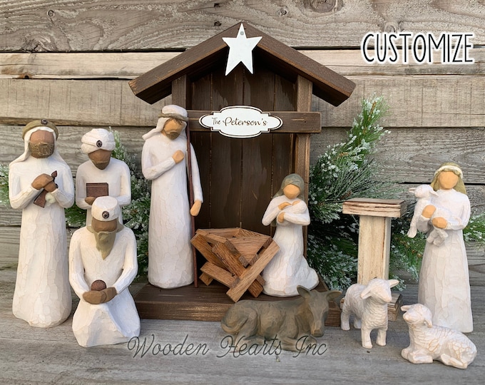 STABLE Nativity CRECHE Fits Willow Tree Fireplace MANTLE Wood *Lighted Christmas Personalized Baby Manger Angel Stand Lights White Brown