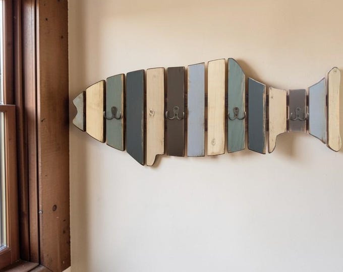 Reclaimed Wood Fish Coat Rack, Lake House Towel Hanger