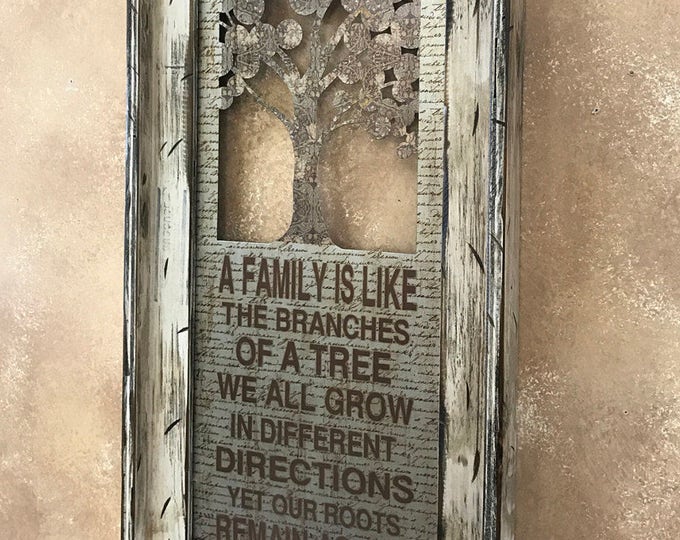 Wall Art FAMILY is like the branches of TREE Yet our roots remain one CREAM Framed Industrial Metal Home Decor Reclaimed White Wood Vertical